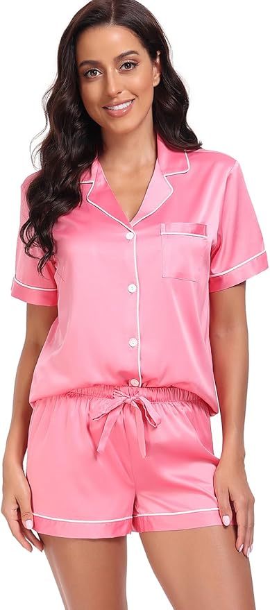 Women's Satin Pajama Set - Short Sleeve - 2 Piece