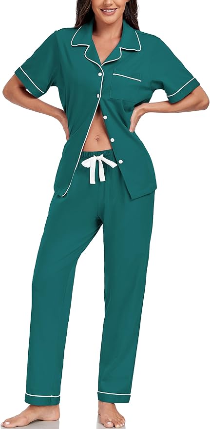 Women's 100% Cotton Pants Pajama Set - Short Sleeve - 2 Piece