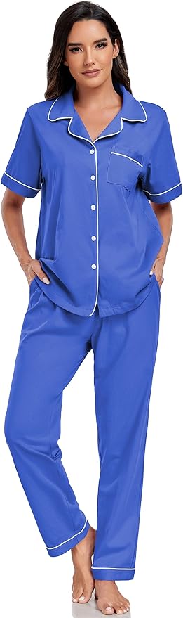 Women's 100% Cotton Pants Pajama Set - Short Sleeve - 2 Piece