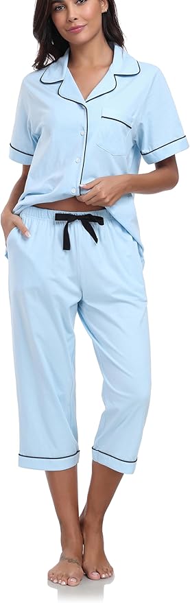 Women's 100% Cotton Capri Pajama Set - Short Sleeve - 2 Piece