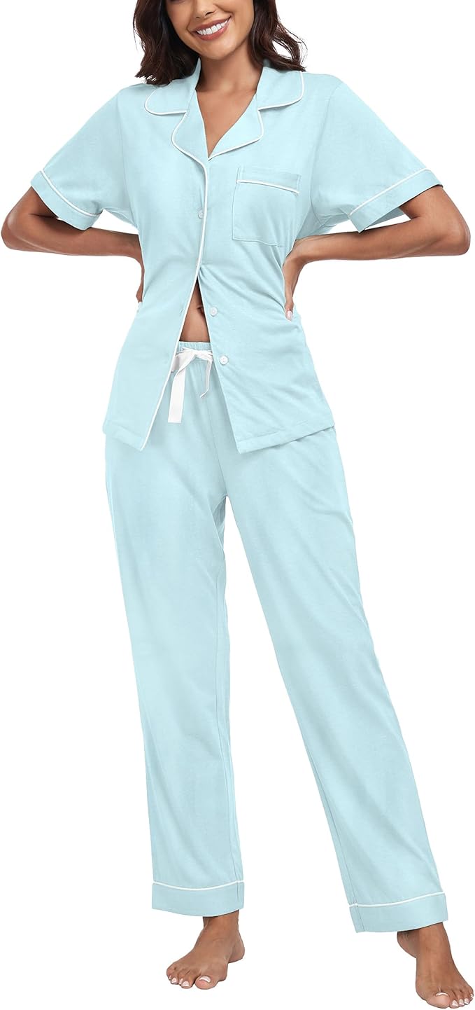 Women's 100% Cotton Pants Pajama Set - Short Sleeve - 2 Piece