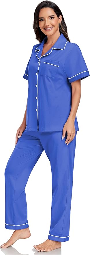 Women's 100% Cotton Pants Pajama Set - Short Sleeve - 2 Piece