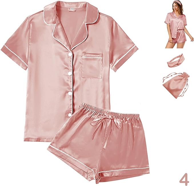 Satin Pajama Set - Short Sleeve - 4 Piece