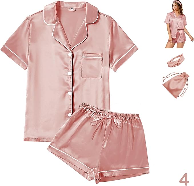 Satin Pajama Set - Short Sleeve - 4 Piece