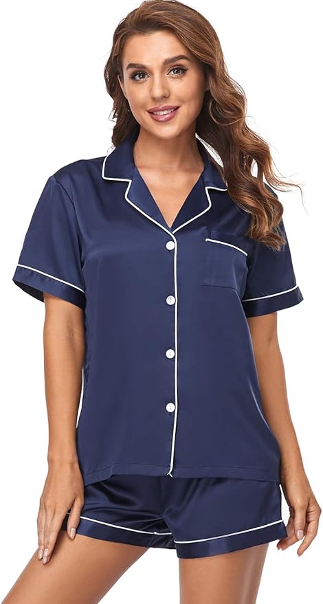 Women's Satin Pajama Set - Short Sleeve - 2 Piece