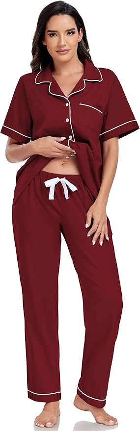 Women's 100% Cotton Pants Pajama Set - Short Sleeve - 2 Piece