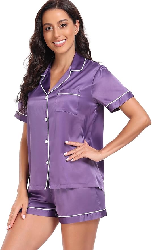 Women's Satin Pajama Set - Short Sleeve - 2 Piece