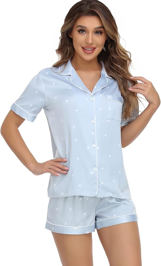 Women's Satin Pajama Set - Short Sleeve - 2 Piece
