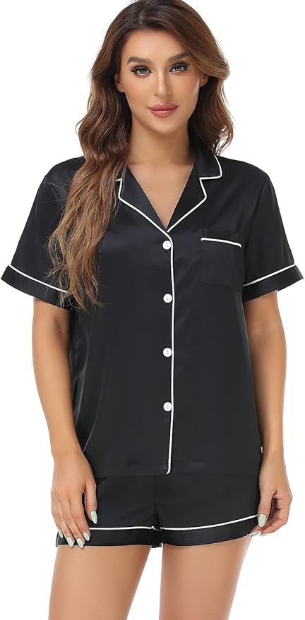 Women's Satin Pajama Set - Short Sleeve - 2 Piece