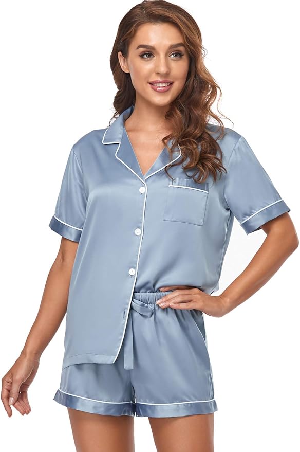 Women's Satin Pajama Set - Short Sleeve - 2 Piece