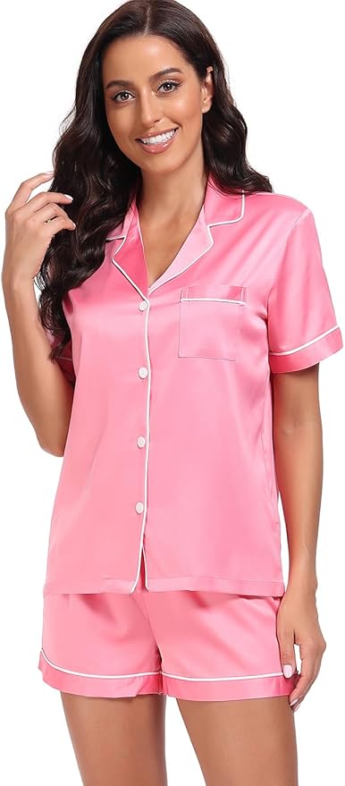 Women's Satin Pajama Set - Short Sleeve - 2 Piece