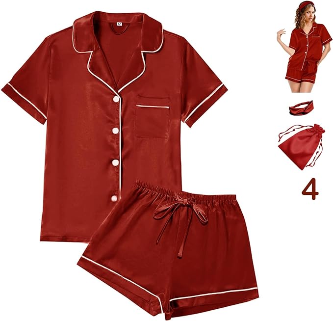 Satin Pajama Set - Short Sleeve - 4 Piece