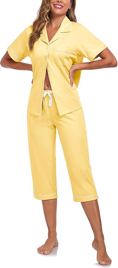 Women's 100% Cotton Capri Pajama Set - Short Sleeve - 2 Piece