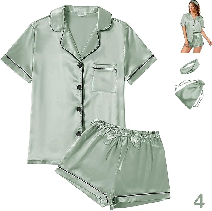 Satin Pajama Set - Short Sleeve - 4 Piece
