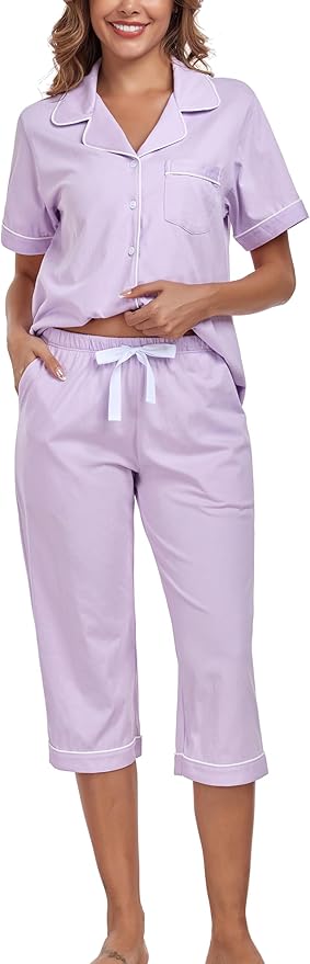 Women's 100% Cotton Capri Pajama Set - Short Sleeve - 2 Piece