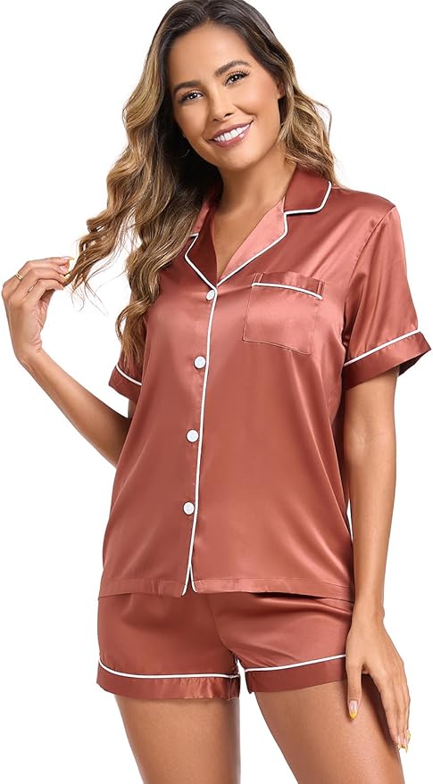 Women's Satin Pajama Set - Short Sleeve - 2 Piece