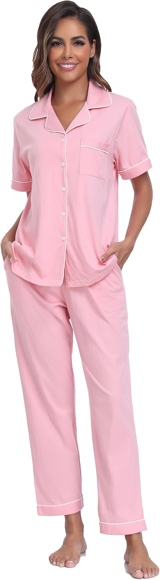Women's 100% Cotton Pants Pajama Set - Short Sleeve - 2 Piece