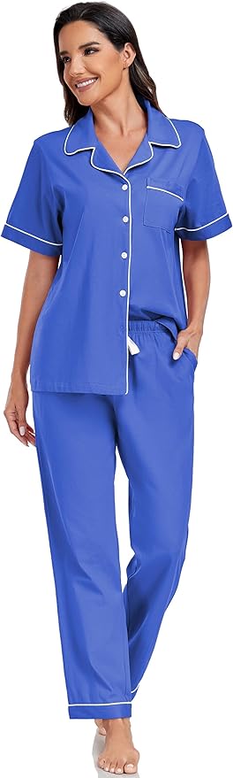 Women's 100% Cotton Pants Pajama Set - Short Sleeve - 2 Piece