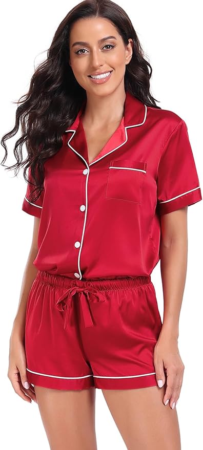 Women's Satin Pajama Set - Short Sleeve - 2 Piece