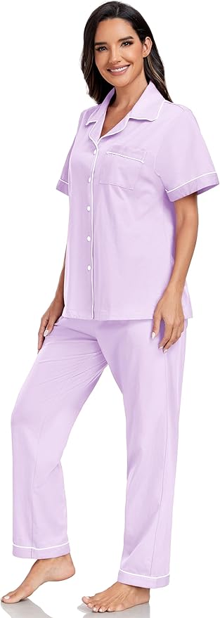 Women's 100% Cotton Pants Pajama Set - Short Sleeve - 2 Piece
