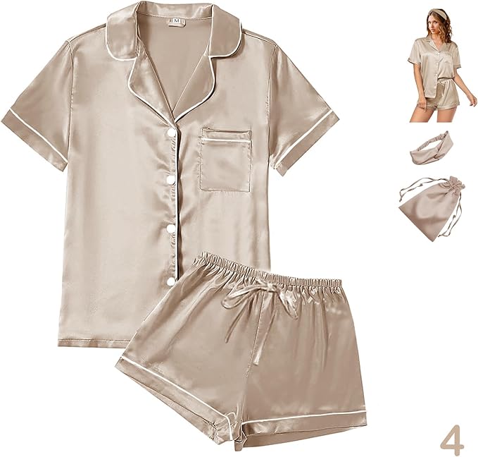 Satin Pajama Set - Short Sleeve - 4 Piece