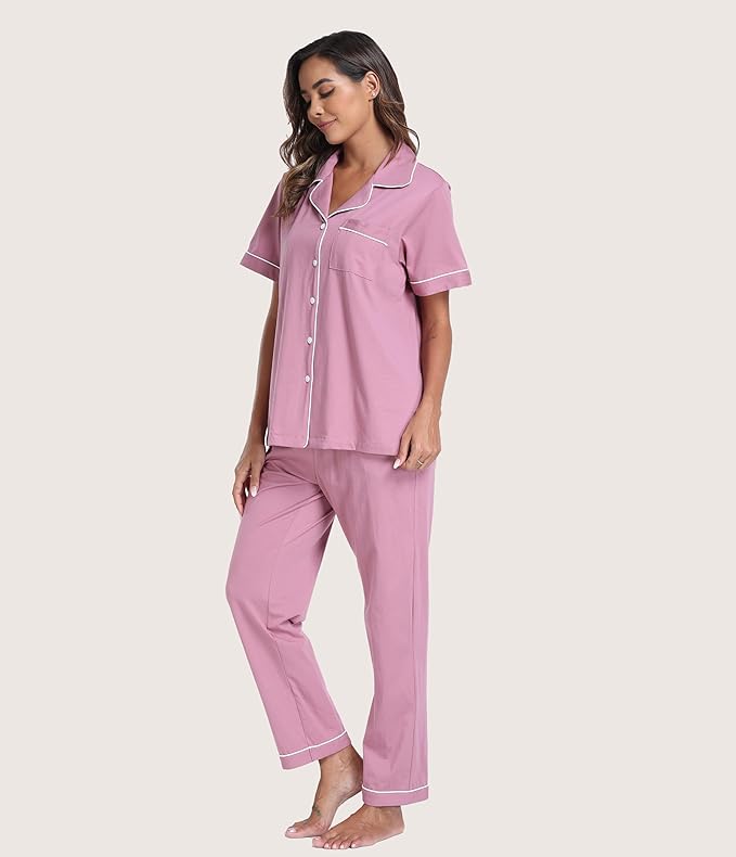 Women's 100% Cotton Pants Pajama Set - Short Sleeve - 2 Piece