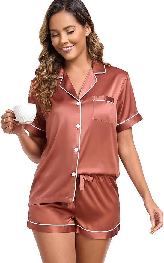 Women's Satin Pajama Set - Short Sleeve - 2 Piece
