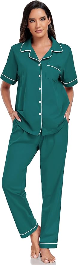 Women's 100% Cotton Pants Pajama Set - Short Sleeve - 2 Piece