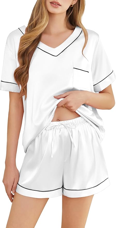 Women's Satin Pajama Set - Short Sleeve - 2 Piece