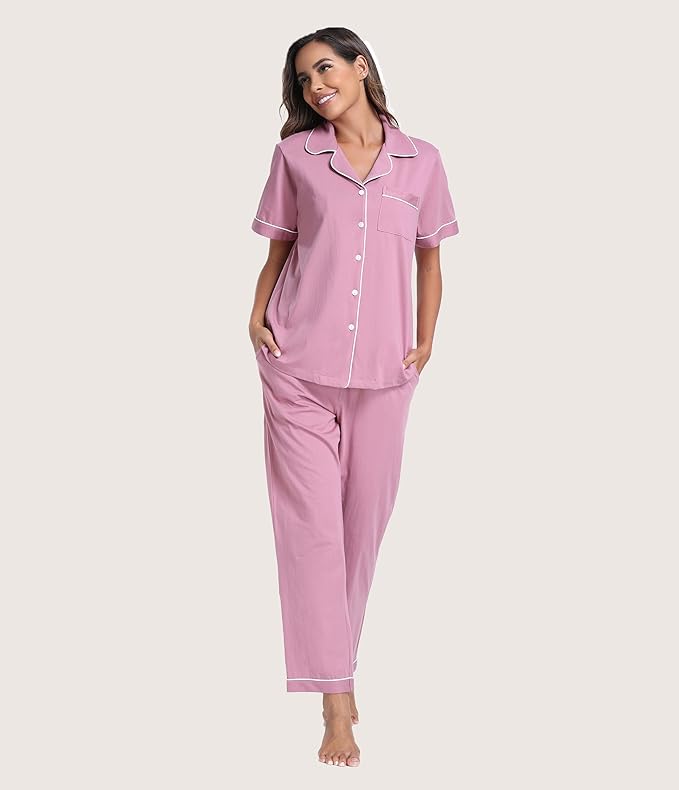 Women's 100% Cotton Pants Pajama Set - Short Sleeve - 2 Piece