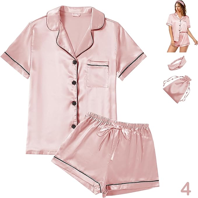 Satin Pajama Set - Short Sleeve - 4 Piece