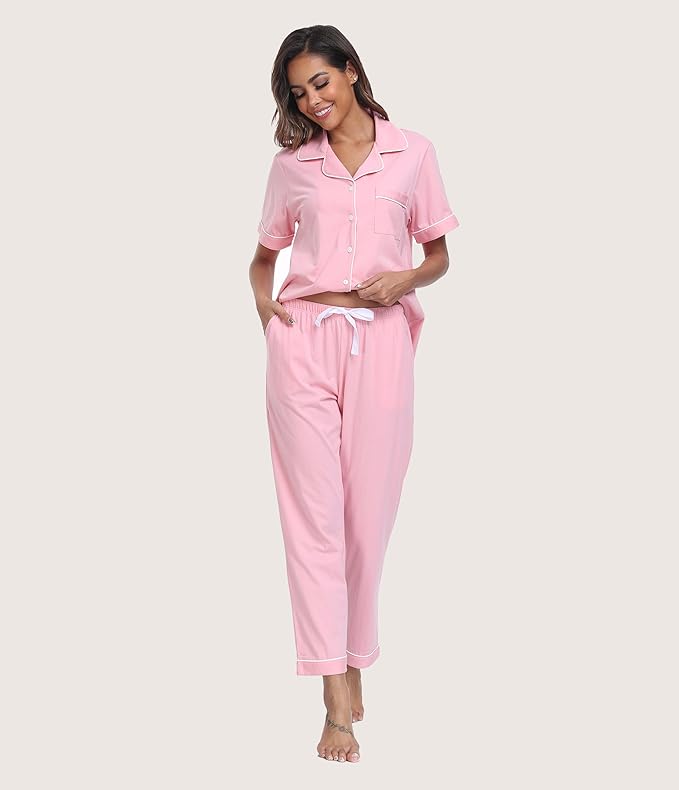 Women's 100% Cotton Pants Pajama Set - Short Sleeve - 2 Piece