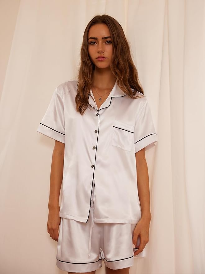 Women's Satin Pajama Set - Short Sleeve - 2 Piece