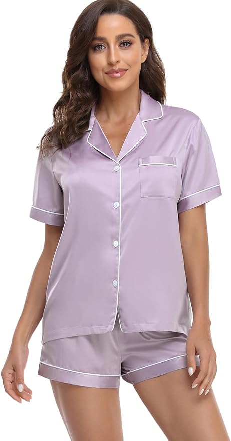 Women's Satin Pajama Set - Short Sleeve - 2 Piece