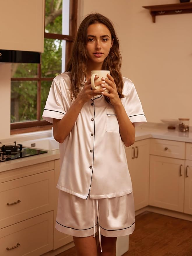 Women's Satin Pajama Set - Short Sleeve - 2 Piece