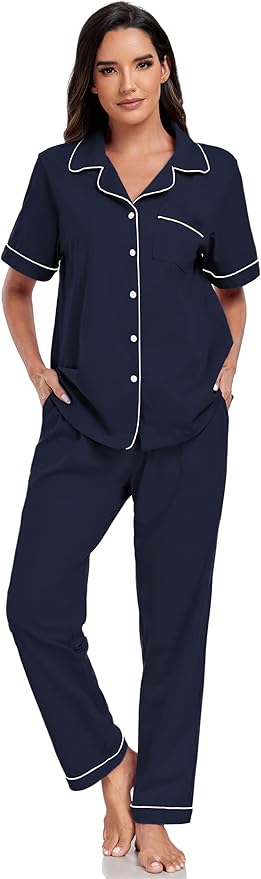 Women's 100% Cotton Pants Pajama Set - Short Sleeve - 2 Piece