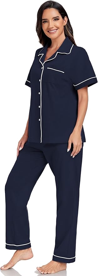 Women's 100% Cotton Pants Pajama Set - Short Sleeve - 2 Piece