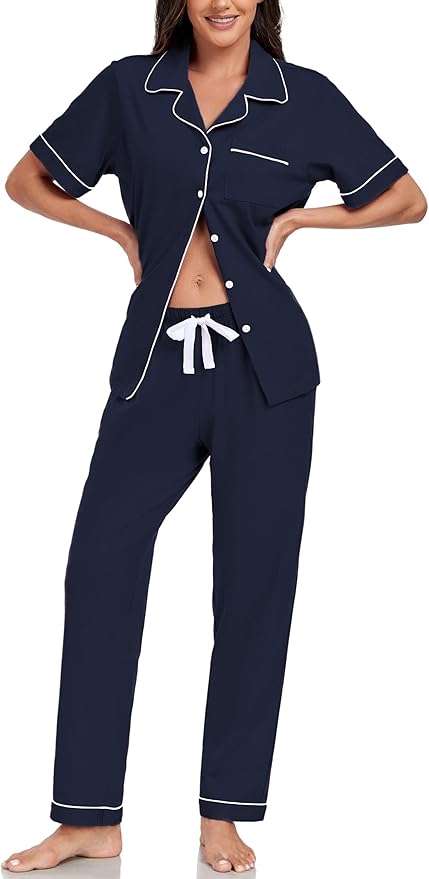 Women's 100% Cotton Pants Pajama Set - Short Sleeve - 2 Piece