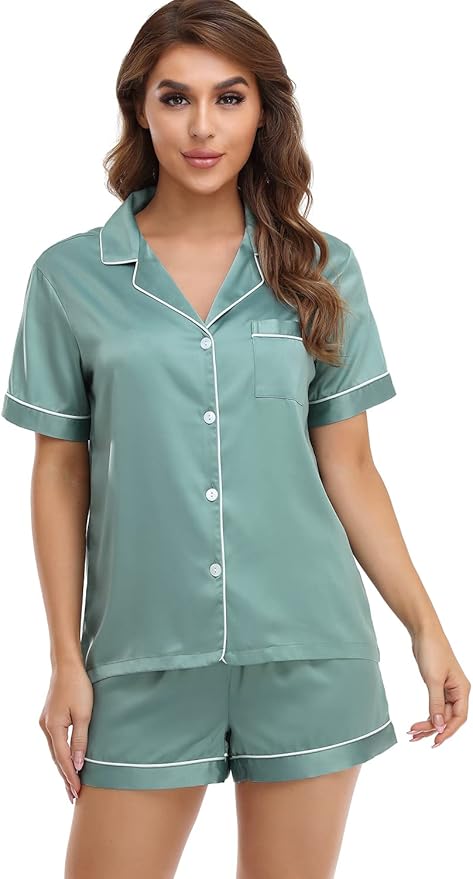 Women's Satin Pajama Set - Short Sleeve - 2 Piece