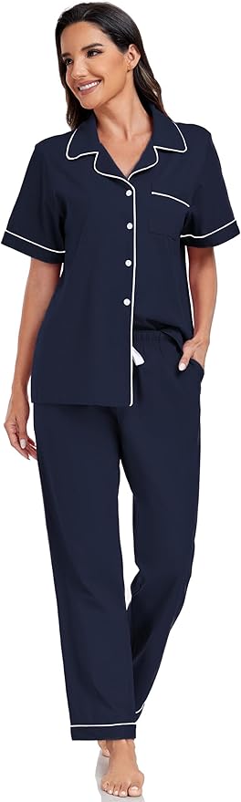 Women's 100% Cotton Pants Pajama Set - Short Sleeve - 2 Piece
