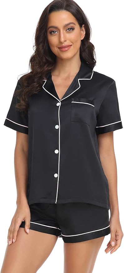 Women's Satin Pajama Set - Short Sleeve - 2 Piece