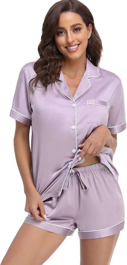 Women's Satin Pajama Set - Short Sleeve - 2 Piece