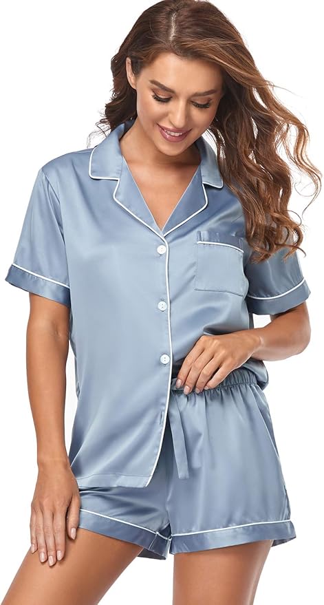 Women's Satin Pajama Set - Short Sleeve - 2 Piece