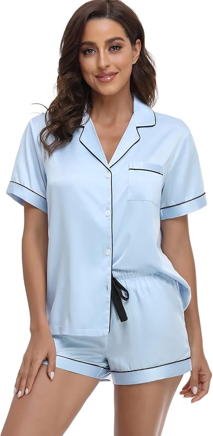 Women's Satin Pajama Set - Short Sleeve - 2 Piece