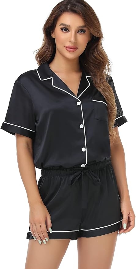 Women's Satin Pajama Set - Short Sleeve - 2 Piece