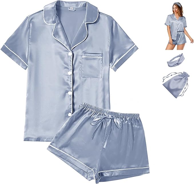 Satin Pajama Set - Short Sleeve - 4 Piece