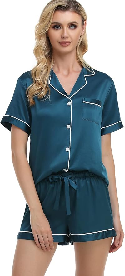 Women's Satin Pajama Set - Short Sleeve - 2 Piece