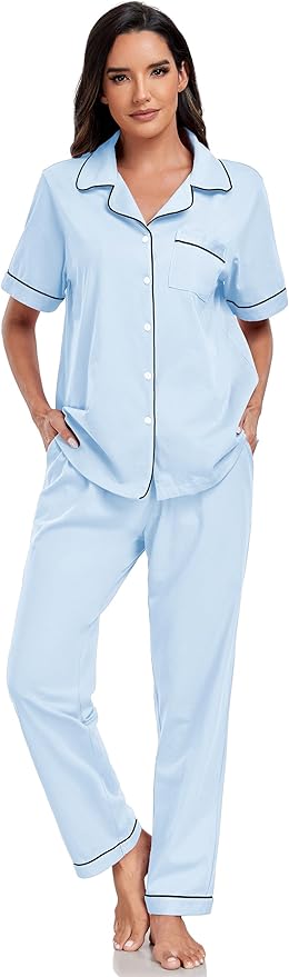 Women's 100% Cotton Pants Pajama Set - Short Sleeve - 2 Piece