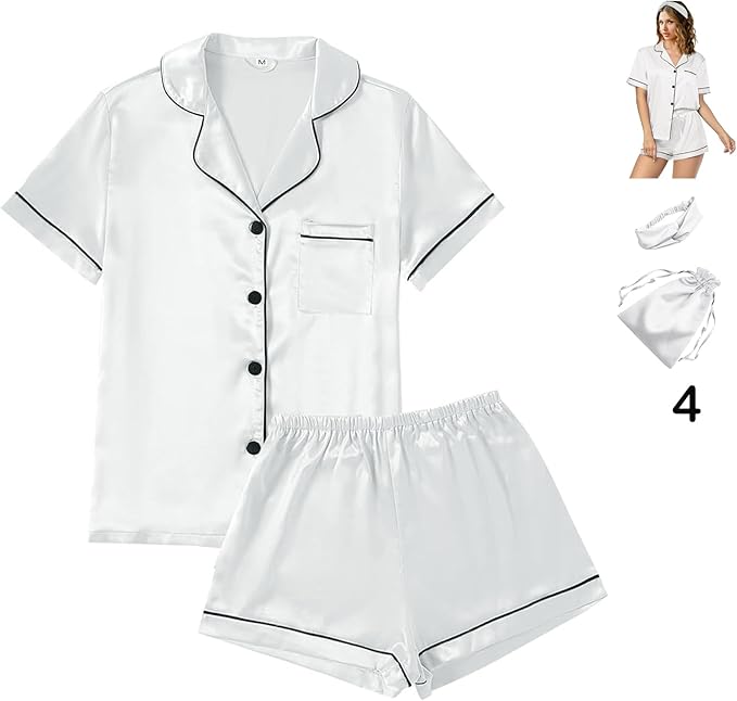 Satin Pajama Set - Short Sleeve - 4 Piece