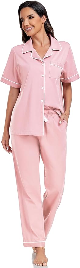 Women's 100% Cotton Pants Pajama Set - Short Sleeve - 2 Piece